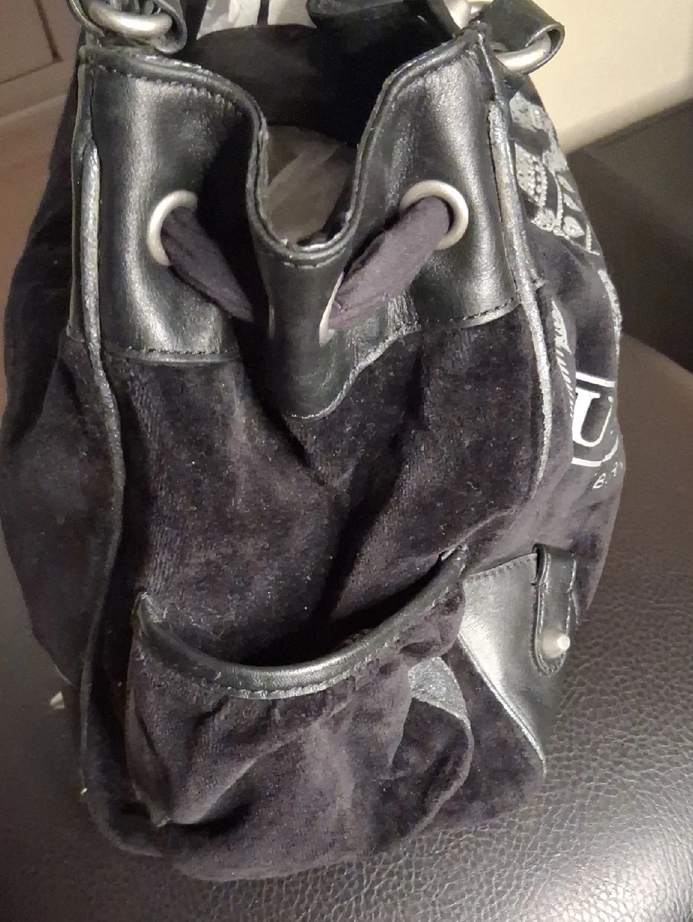 🖤💎Vintage Juicy Couture Black Leather Hobo Handbag W/Clear Gems RARE! Sz M